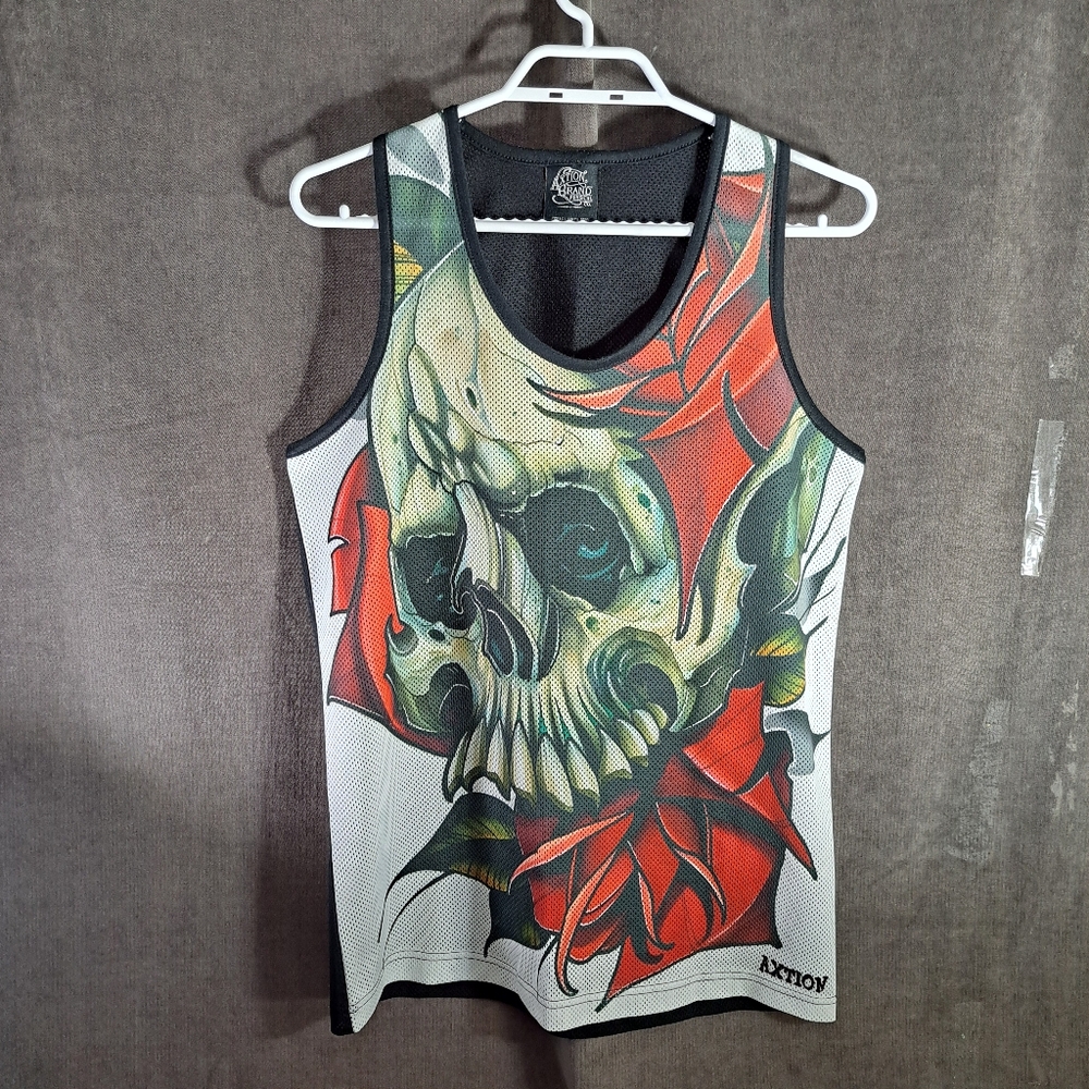Axtion Brand Physical Co. Black White Mesh Skull & Roses Graphic Tank Top VG M